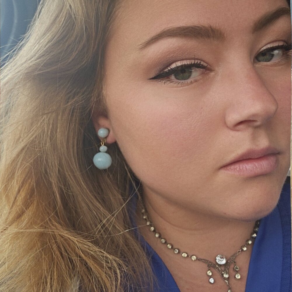 Vintage 1950s Blue Milk Glass Dangle Screw Back Earrings